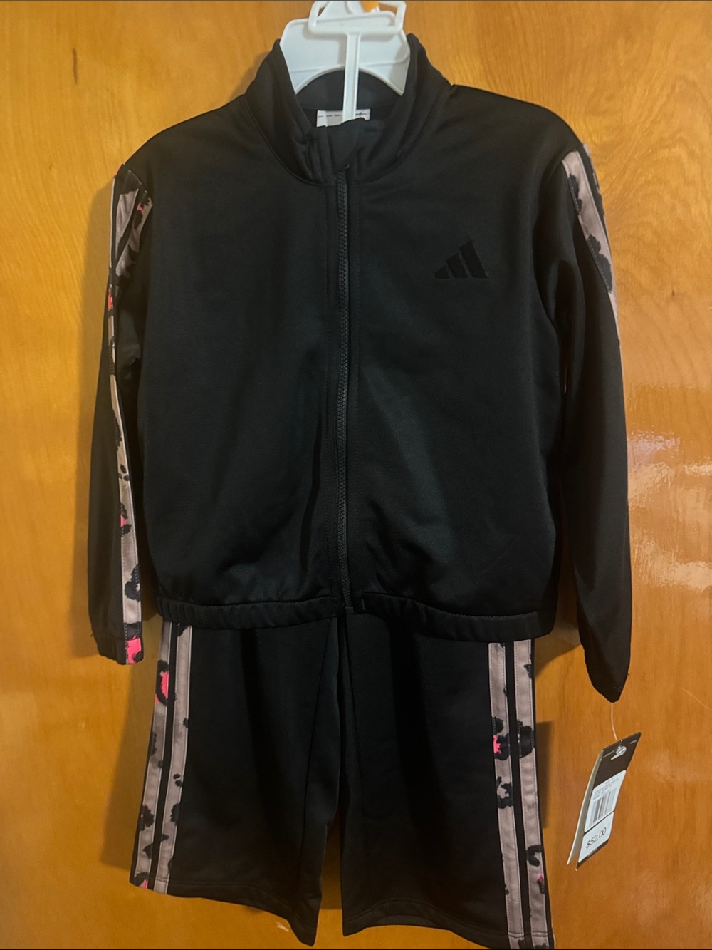 Adidas Track Jacket Joggers Set Girls 3T Small Black Leopard Trim